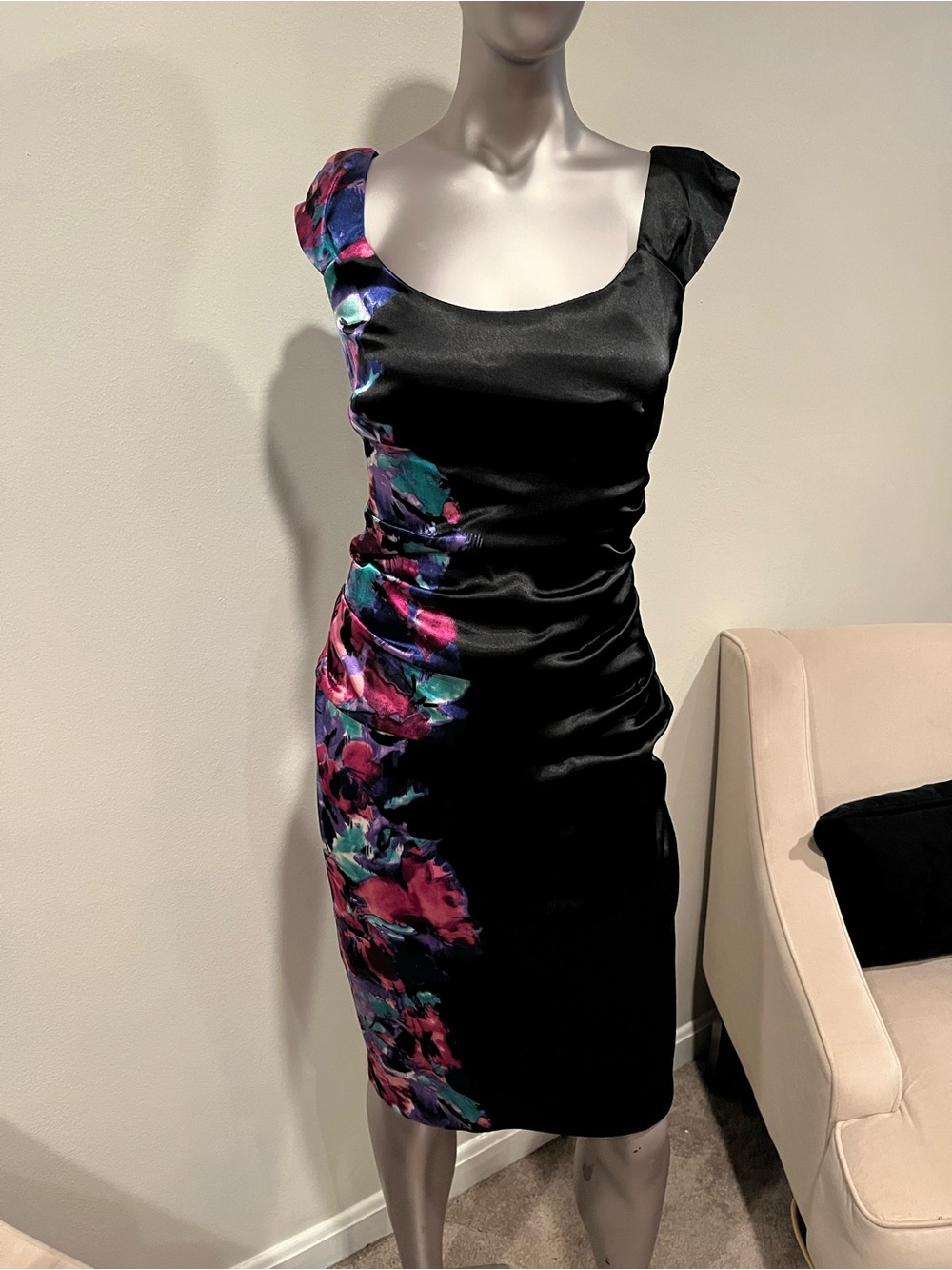 London Times Black Satin Midi Dress with Multicolor Floral Panel 4P